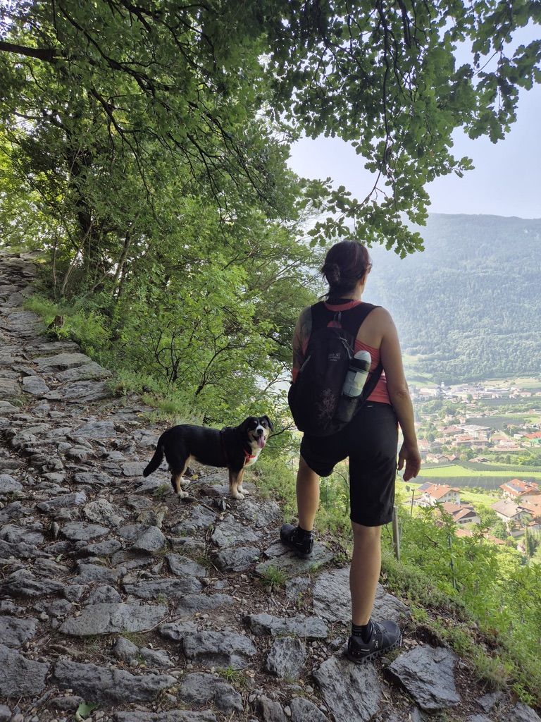 Cornelia Rangger wandert mit Rucksack und Hund auf einem felsigen Pfad mit Blick auf ein Tal und das darunter liegende Dorf.