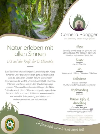 🍂 Achtsam durch die Natur 🌿
Erlebe die Magie der Jahreszeiten bei meinen geführten Themenwanderungen im Herbst und Frühjahr.

Tauche ein in die Ruhe des Waldes, atme tief durch und finde zurück zu dir selbst. 🌾🧘‍♀️
👣 Mit Achtsamkeit unterwegs – für Körper, Geist und Seele 

✨ Jetzt zum Newsletter anmelden und den nächsten Termin direkt in dein Postfach bekommen!