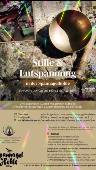 Schon mal in einer Höhle geschwebt?
Nein? 
Dann wird’s Zeit! 
Entspanne in der Spannaglhöhle auf 2.535 m am Hintertuxer Gletscher. 

Ab 2 Personen / Freitag / Termine auf Anfrage.

👉 Jetzt anmelden und deinem Kopf mal Urlaub gönnen.
 info@spannagelhoehle.at
  Tel: +43 5287 87251
